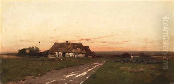 Strohgedecktes Bauerngehoft Mit Gansemagd In Weiter Abendlandschaft Oil Painting by Louis (Ludwig) Neubert