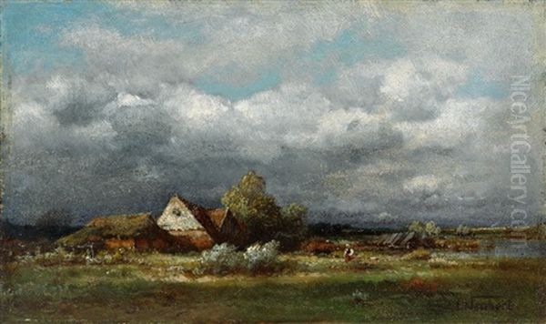 Besonnte Abendliche Landschaft Mit Malerischem Gehoft Oil Painting by Louis (Ludwig) Neubert