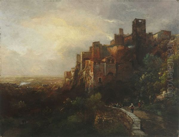 Abendlich Beleuchtete Stadt Im Apennin Mit Weitem Blick In Das Land. Oil Painting by Louis (Ludwig) Neubert