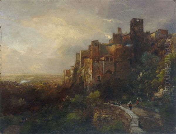 Abendlich Beleuchtete Stadt Im Apennin Mit Weitem Blick In Das Land Oil Painting by Louis (Ludwig) Neubert