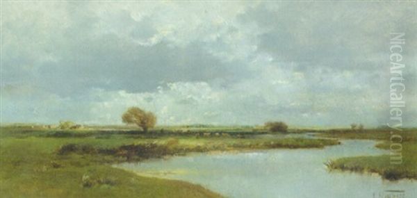 Sommerliche Flusslandschaft (bei Dachau?) Oil Painting by Louis (Ludwig) Neubert