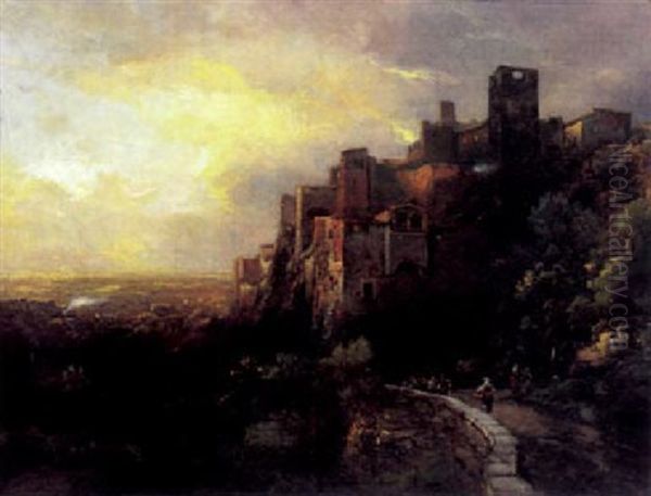 Malerisches Kastell Mit Burgtor Und Personenstaffage Oil Painting by Louis (Ludwig) Neubert