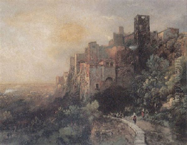 Malerisches Kastell Mit Burgtor Und Personenstaffage Oil Painting by Louis (Ludwig) Neubert