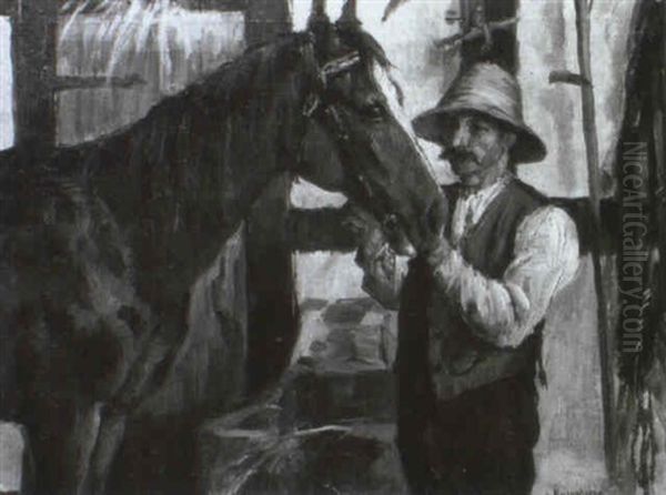 Bauer Mit Pferd Im Stall Oil Painting by Gerhard Neuerburg