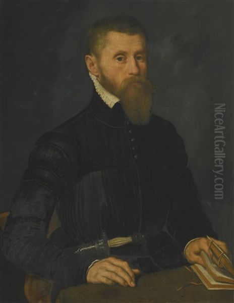 Portrait Of A Bearded Man, Half-length, Sitting At A Table And Holding An Open Book, With A Dagger At His Waist Oil Painting by Nicolas Neufchatel