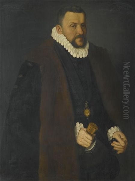 Portrait Of A Nobleman, Three-quarter Length, Wearing A Fur Lined Black Coat And A Salvator Mundi Medallion, And Holding A Pair Of Gloves Oil Painting by Nicolas Neufchatel