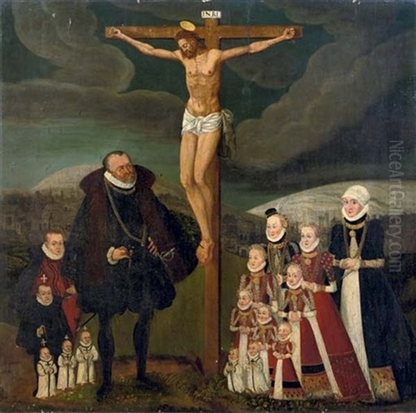 A Devotional Image Portrait Of Achaz Ii Von Veltheim And His Wife Margarethe And Their Children With The Crucifixion, A Town Beyond Oil Painting by Nicolas Neufchatel