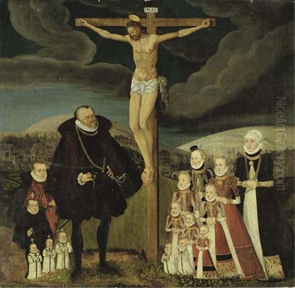 A Devotional Image Portrait Of Achaz Ii Von Veltheim And His Wife Margarethe And Their Children With The Crucifixion, A Town Beyond Oil Painting by Nicolas Neufchatel