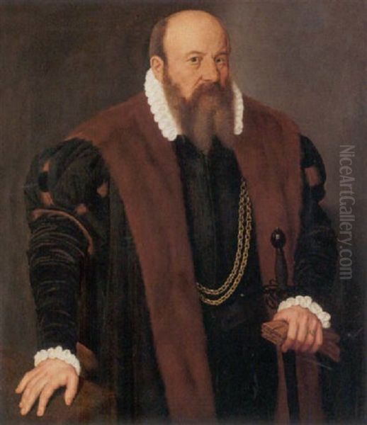 Portrait Of Andreas Imhoff Wearing A Fur-lined Mantle And Holding A Pair Of Gloves And A Sword Oil Painting by Nicolas Neufchatel