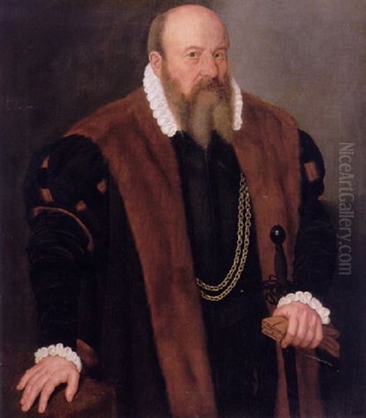 Portrait Of Andreas Imhoff, Chief Councillor Of Nuremberg, Standing Beside A Table, Wearing A Black Doublet And Gold Chains Oil Painting by Nicolas Neufchatel