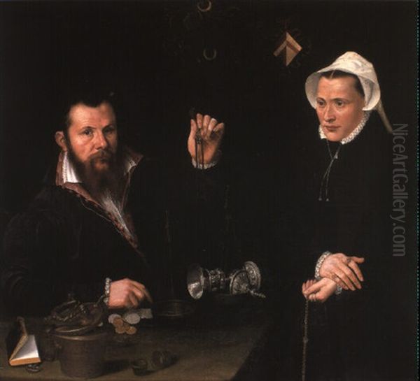 Portrait Of A Essai Master And His Wife At A Table Oil Painting by Nicolas Neufchatel