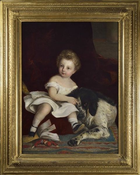 Little Girl With A Dog Oil Painting by Josef Neugebauer