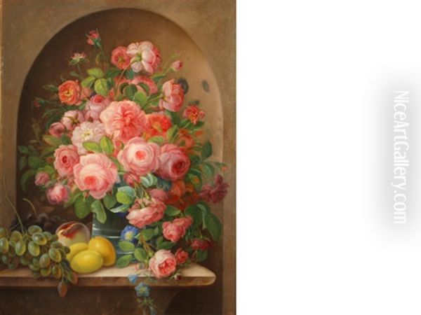 A Still Life Of Roses And Fruit In A Niche Oil Painting by Josef Neugebauer