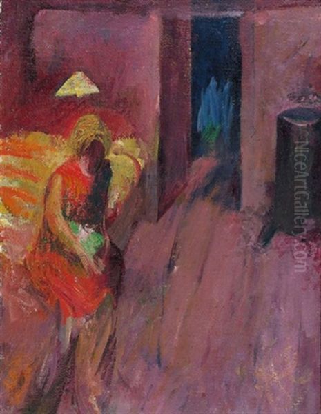 Rotes Interieur Mit Sitzender Frau Oil Painting by Werner Neuhaus