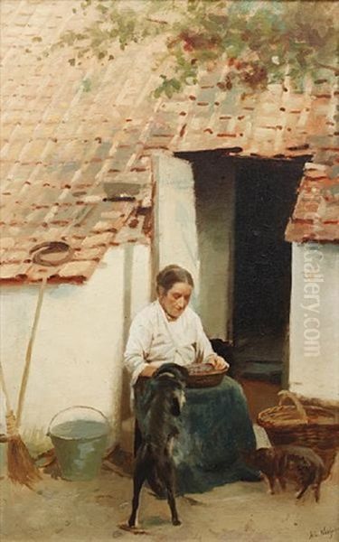 Woman With A Dog And Cat Beside A Cottage Oil Painting by Albert Johan (Jan) Neuhuys