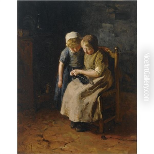 The Knitting Lesson Oil Painting by Albert Johan (Jan) Neuhuys