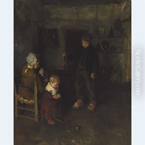 Children Playing With A Top In A Kitchen Interior Oil Painting by Albert Johan (Jan) Neuhuys