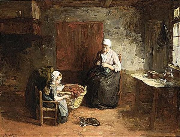 A Cottage Interior With Mother And Child Oil Painting by Albert Johan (Jan) Neuhuys