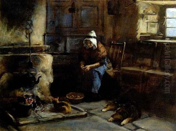 Hollandische Bauerin Beim Kartoffelschalen An Der Esse by Albert Johan (Jan) Neuhuys