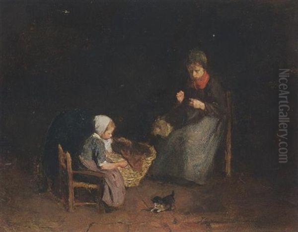 A Mother And Child In An Interior Oil Painting by Albert Johan (Jan) Neuhuys