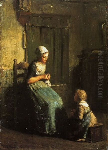 The Knitting Lesson Oil Painting by Albert Johan (Jan) Neuhuys