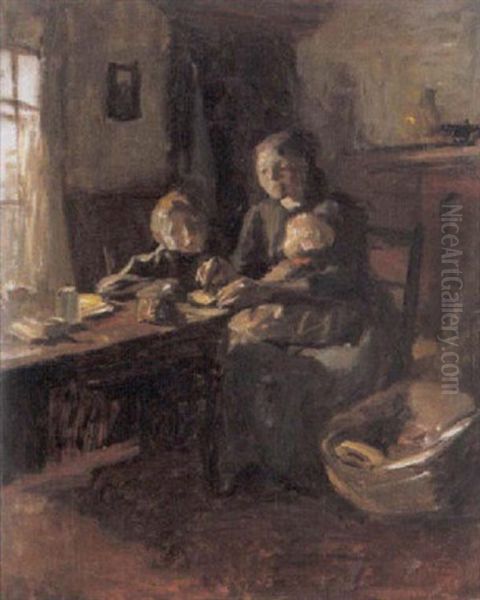 Moeder Met Twee Kinderen Aan Tafel Voor Het Venster Oil Painting by Albert Johan (Jan) Neuhuys