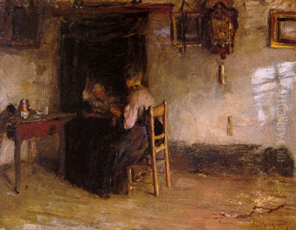 Interieur Met Moeder Bij Een Kind In Bedstee Oil Painting by Albert Johan (Jan) Neuhuys