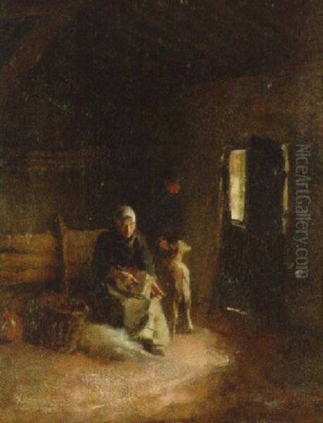 Carding Wool Oil Painting by Albert Johan (Jan) Neuhuys