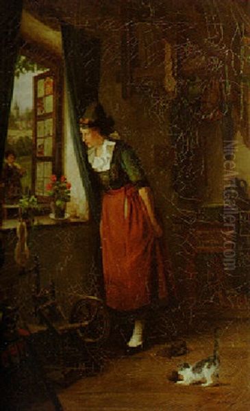 Peeking Out The Window Oil Painting by Albert Johan (Jan) Neuhuys