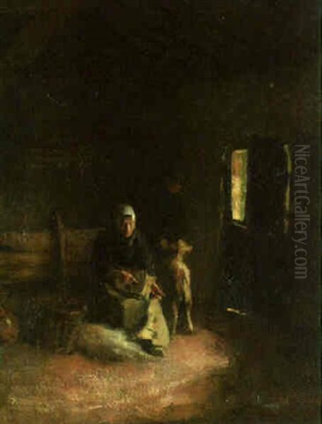 Carding Wool Oil Painting by Albert Johan (Jan) Neuhuys