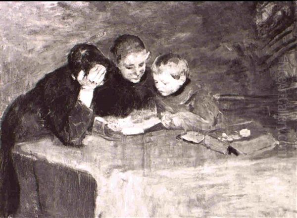 Three Children At A Table Oil Painting by Albert Johan (Jan) Neuhuys