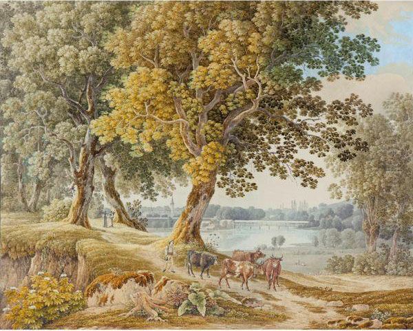 Aarelandschaft Mit Hirte Und Kuhen Oil Painting by Samuel Birmann