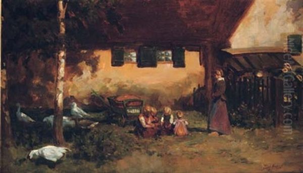 Playing By The Farm Oil Painting by Jozef Neuhuys