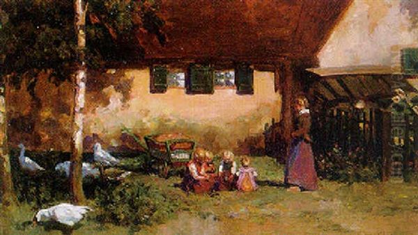 A Sunlit Farmyard With Children Playing Amongst Geese Oil Painting by Jozef Neuhuys