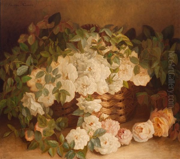 Wild Roses In A Wicker Basket Oil Painting by Clasine Carolina Frederica Neuman