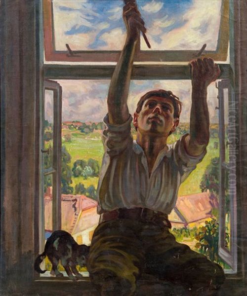 Mann Auf Fensterbank Sitzend Oil Painting by Abraham Neumann