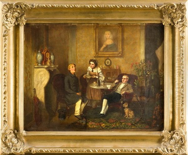 Die Peinliche Frage, Interieur Um 1860 Mit Drei Personen Um Den Zentralen Tisch, Detailreich Gestaltete, Zeittypische Einrichtung Oil Painting by Arnold Neumann