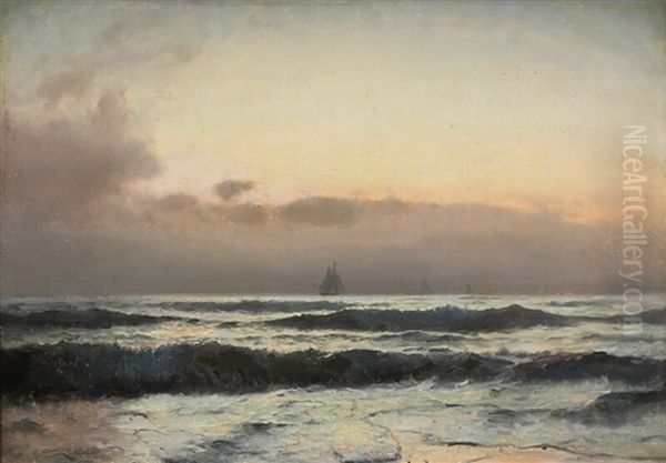 The Last Sunlight Behind Dark Clouds Over The Sea Oil Painting by Carl Johann Neumann