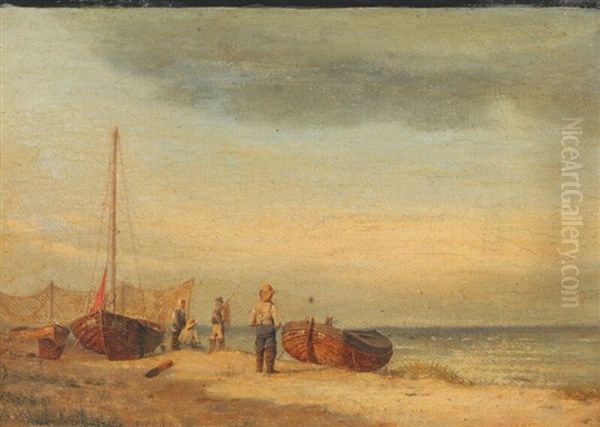 Coastal Scene With Fishermen And Boats Oil Painting by Carl Johann Neumann