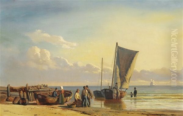 Coastal Scene With Fishermen On The Beach Oil Painting by Carl Johann Neumann