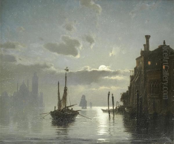 Venetian Scene At Moonlight Oil Painting by Carl Johann Neumann