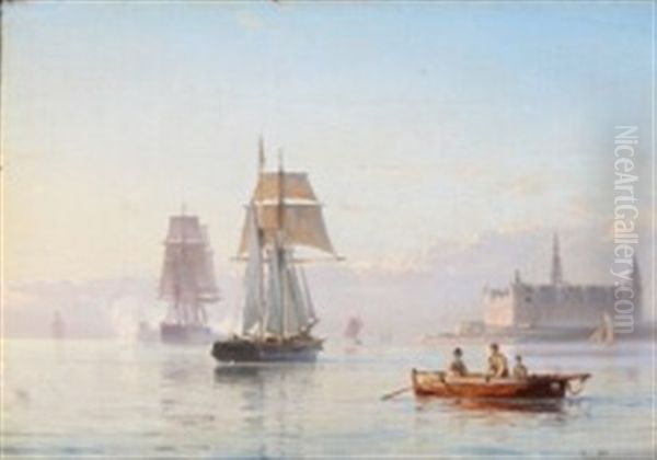 Ships Off The Coast At Kronborg Castle Oil Painting by Carl Johann Neumann