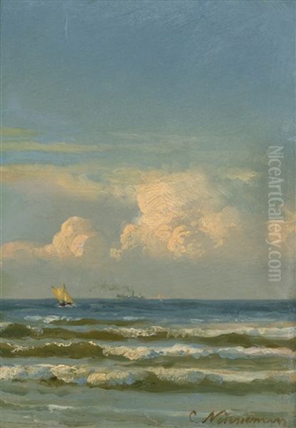 Kleines Segelboot Auf Dem Meer, Im Hintergrund Ein Dampfschiff Oil Painting by Carl Johann Neumann