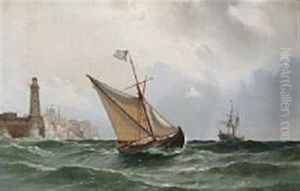 Naval Scenery With Greek Sailing Ship Outside A Port Oil Painting by Carl Johann Neumann