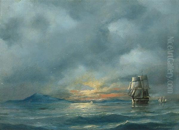 Segelschiffe Bei Sonnenaufgang by Carl Johann Neumann