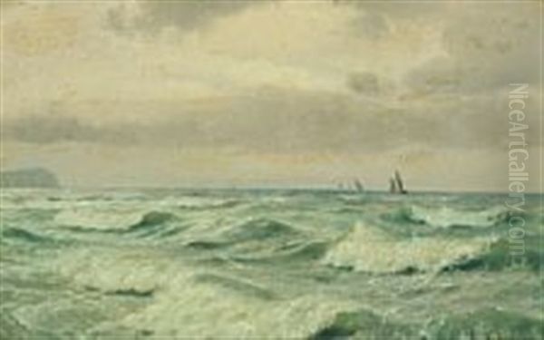 Sailboats At Sea With Breaking Waves In The Foreground Oil Painting by Carl Johann Neumann