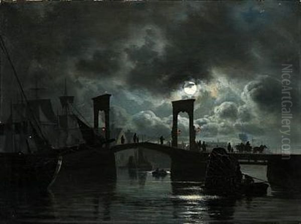 Night At The Old Langebro Bridge In Copenhagen Oil Painting by Carl Johann Neumann