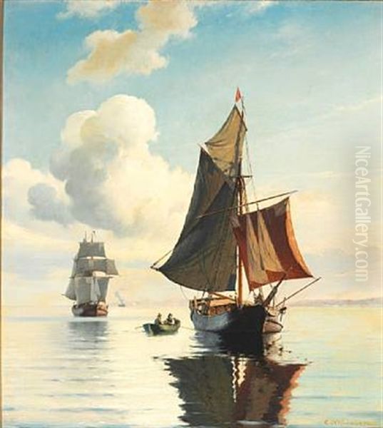 A Quiet Day At Sea With Numerous Ships Off The Coast Oil Painting by Carl Johann Neumann