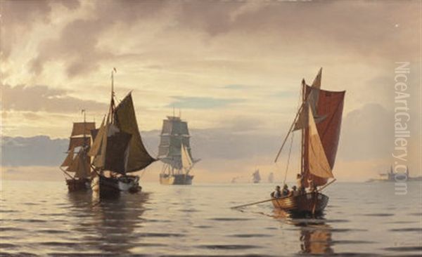 Sailing Ships In Oresund Marine, Opposite Kronborg Castle, Helsingor Oil Painting by Carl Johann Neumann