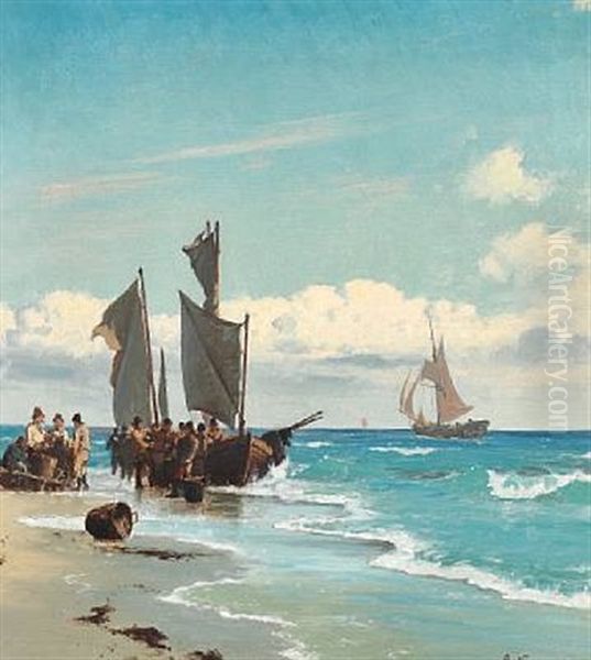 Coastal Scene With Fishermen At Their Boats On The Beach Oil Painting by Carl Johann Neumann